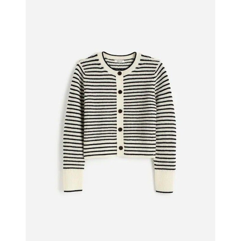 Madewell Waffle-Knit 100% Wool Long Sleeve Cardigan in Stripe NWT Size M Medium